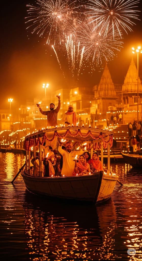 Guests on a marigold-decorated boat holding sparklers under fireworks during Dev Deepawali in Varanasi