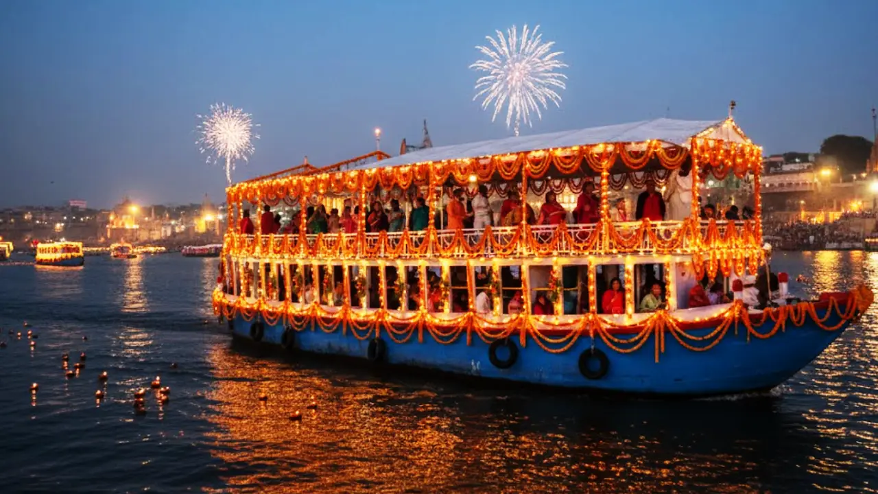 Wooden boat on the River Ganga at sunrise in Varanasi